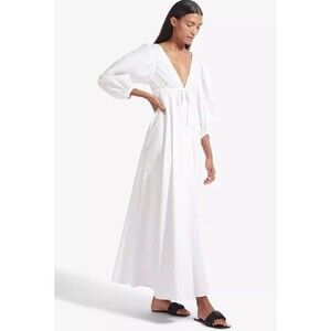 STAUD AMARETTI DRESS Plunge Neck Bishop Sleeve Gown Maxi Dress White Size L
